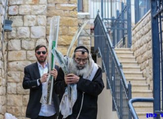 <strong>Portando los “Arba Minim”.</strong> Harav Gross y Harav Gamliel Rabinowitz rezan una plegaria para eliminar la pandemia